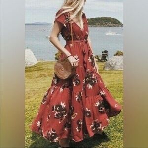 Free People Maxi Dress Size S All I Got Tiered Floral Boho Rusted Red